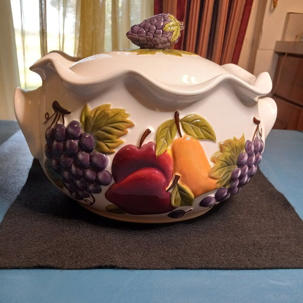 Celebrating Home Stoneware Collection Bean Pot Scalloped Upper Edge Fruit Design